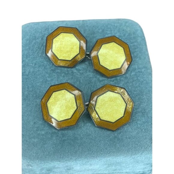 Antique Art Deco Signed Hallmark Yellow Brown Guilloche Enamel Cufflinks Pair He - Picture 3 of 11